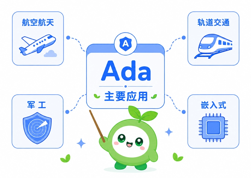 Ada 语言的主要应用领域分布，涵盖了对可靠性要求极高的航空航天、轨道交通、军工和嵌入式系统。