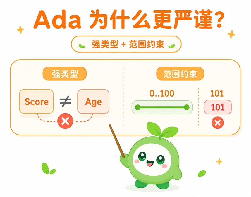 Ada 语言强类型与范围约束特性图解，直观展示了类型不可混用以及防止数值越界的防错机制。