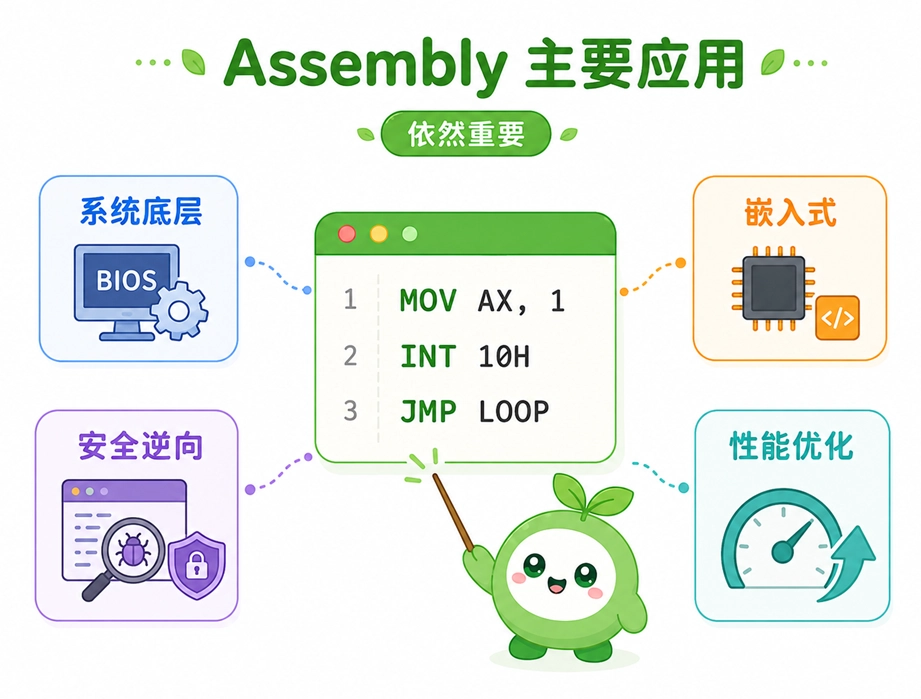 汇编语言在现代计算机中的主要应用领域,涵盖系统底层代码、设备驱动与嵌入式、安全逆向分析以及极限性能优化。