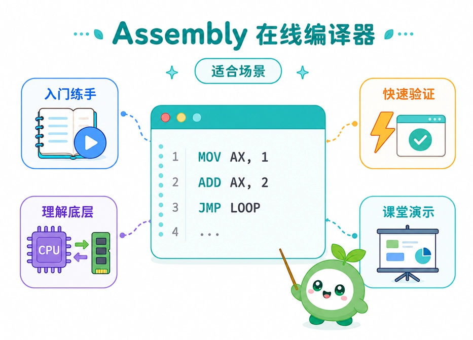 Assembly在线编译器的常见应用场景,包括新手入门练手、快速验证逻辑、理解底层原理以及课堂教学演示。