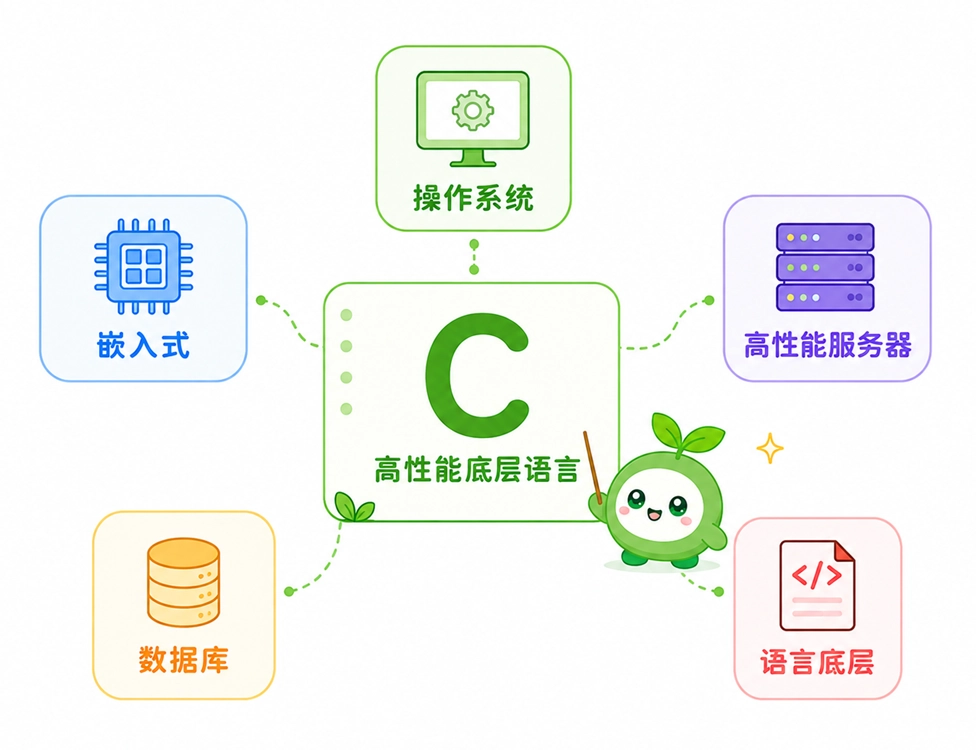 C语言的主要应用领域，涵盖操作系统、嵌入式开发、高性能服务器、数据库以及其他现代编程语言的底层开发。