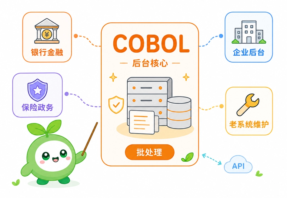 COBOL 的核心应用领域，涵盖银行金融、保险政务、大型企业后台处理以及老系统维护。