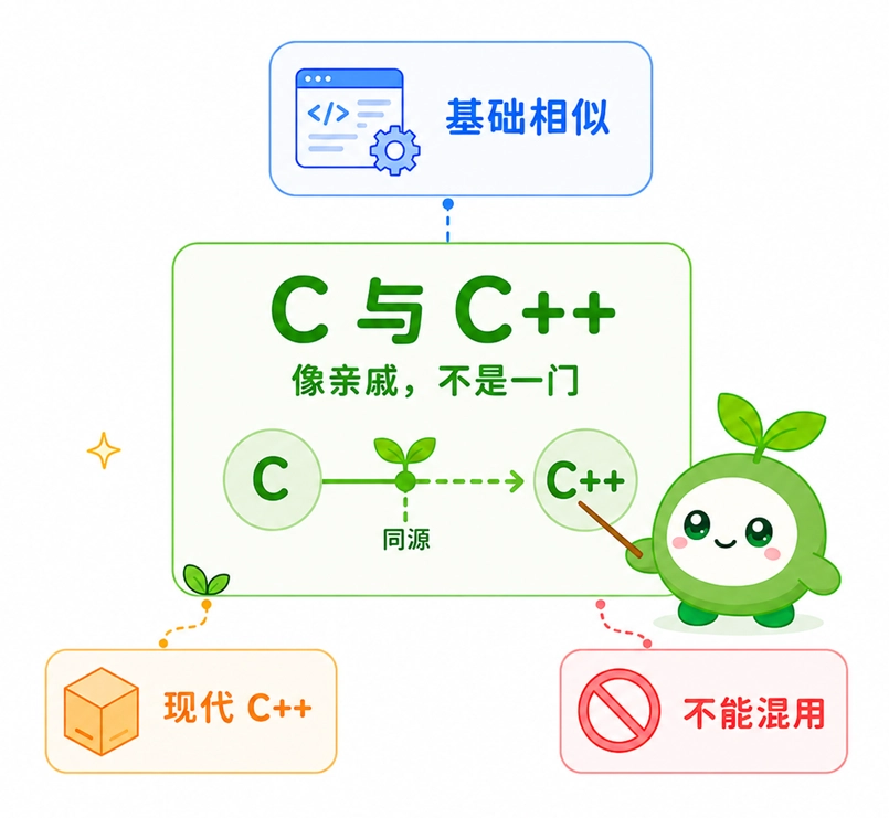 C++与C语言的关联与区别，两者虽然同源且基础相似，但现代C++拥有独立的特性，在开发中不能简单混用。