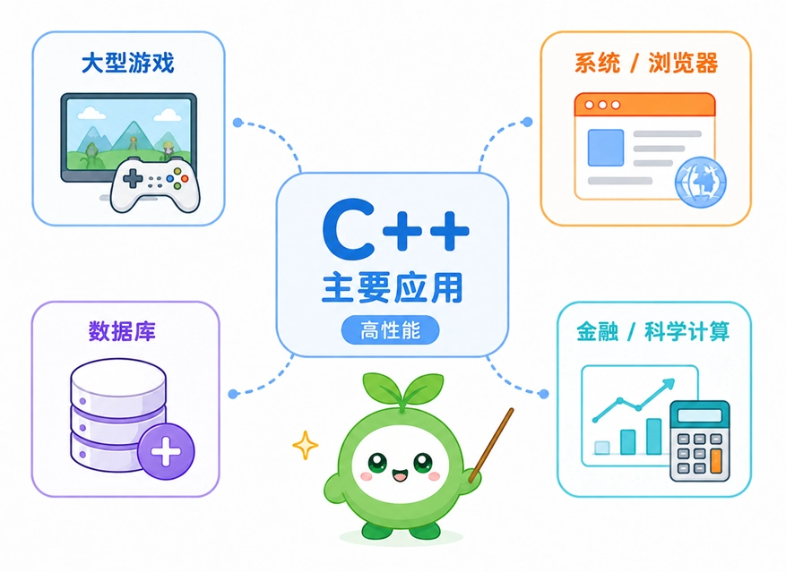 C++的主要应用领域，涵盖大型游戏开发、系统与浏览器、数据库以及金融与科学计算。