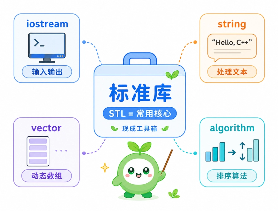 C++标准库及STL的常用核心组件，包含用于输入输出、处理文本、动态数组和排序算法的现成工具箱。