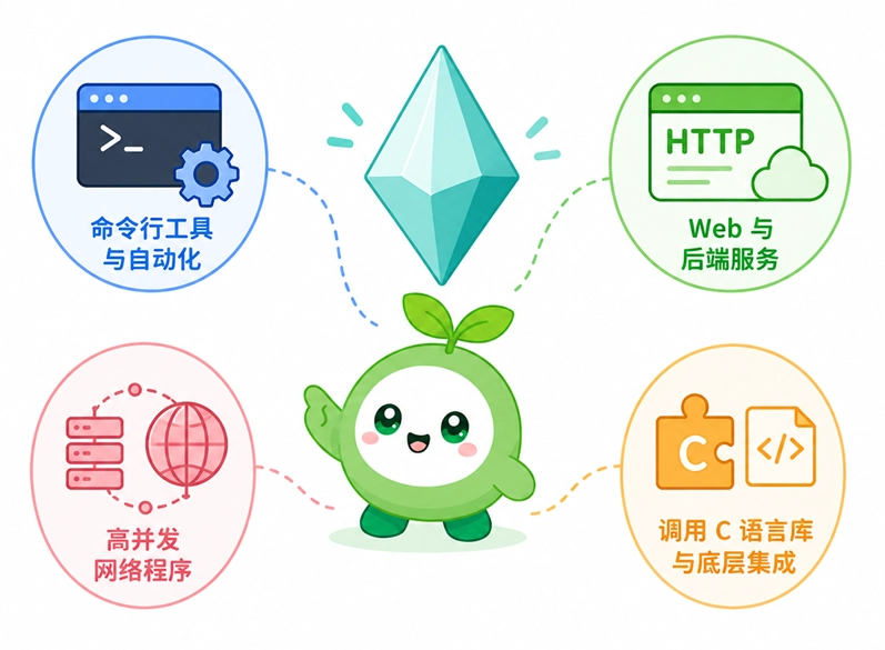 Crystal语言的主要应用领域，涵盖命令行工具、Web后端服务以及高并发网络程序等。