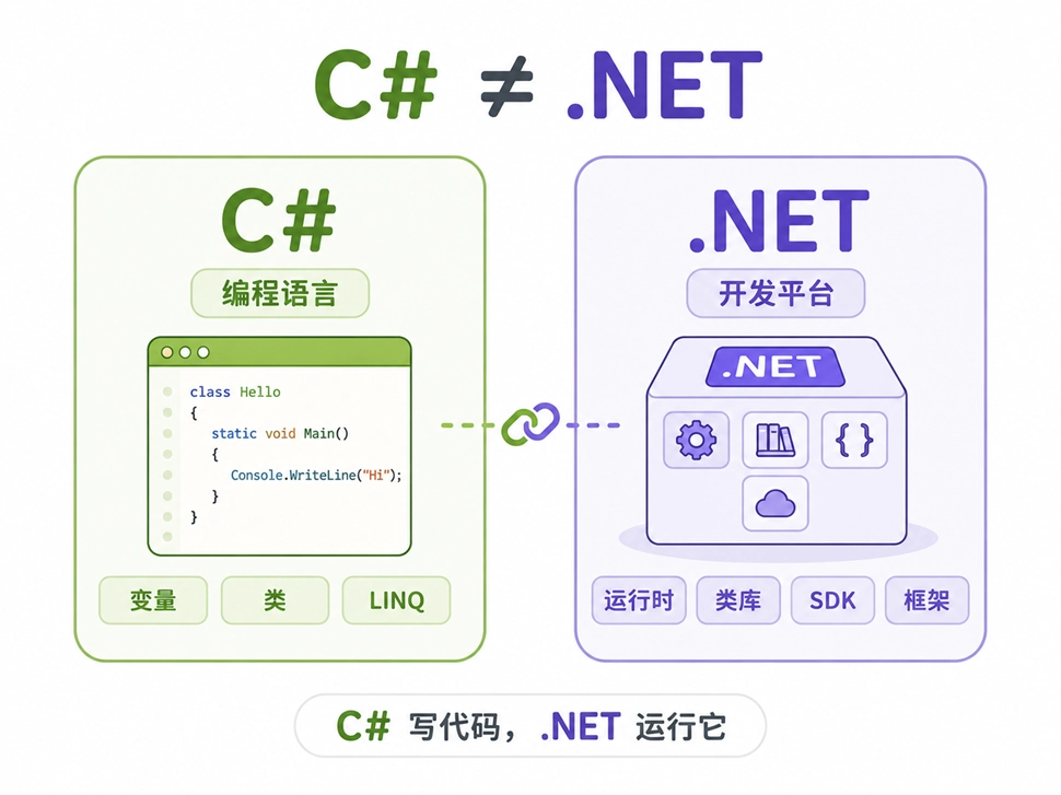 C#与.NET的区别与联系，C#是用于编写代码的编程语言，而.NET是提供运行环境和各种框架的开发平台。