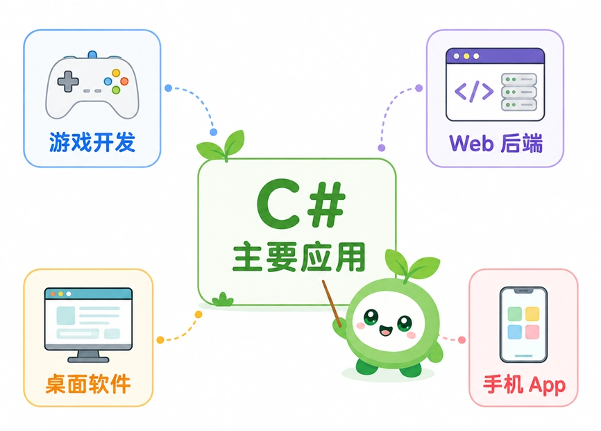 C#的主要应用领域，涵盖游戏开发、Web后端开发、桌面软件以及跨平台手机App开发。