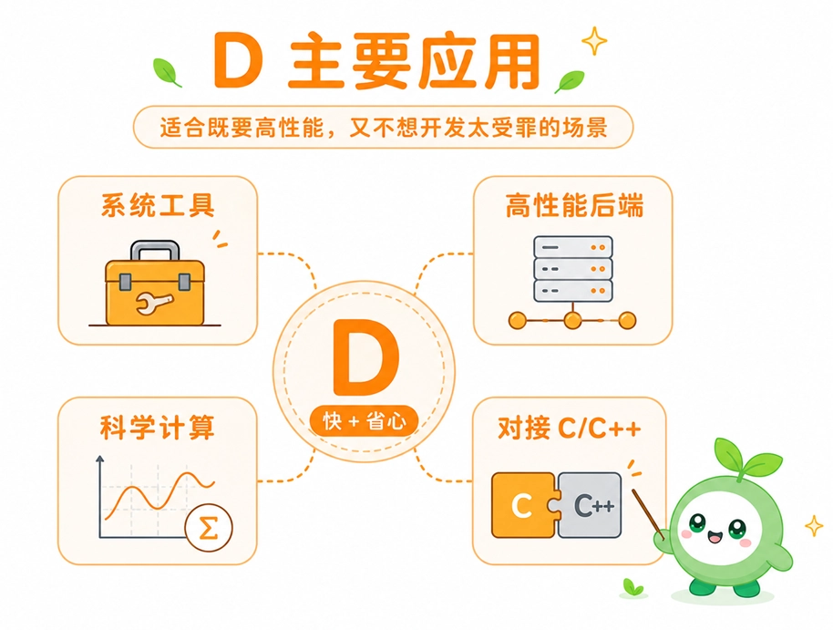 D语言在系统工具、高性能后端及科学计算等领域的常见应用分布