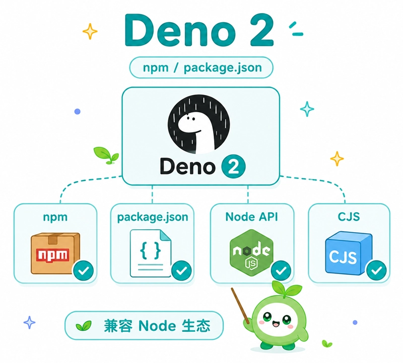 Deno 2全面兼容Node生态的特性展示,包括原生支持npm、package.json与CommonJS规范。