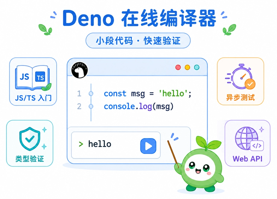 绿叶网 Deno在线编译器的常见使用场景,包括小段代码快速验证与JS/TS入门练习等。