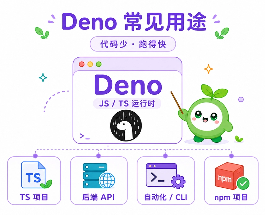 Deno的主要应用领域,涵盖TypeScript项目、后端API开发以及自动化命令行工具等。