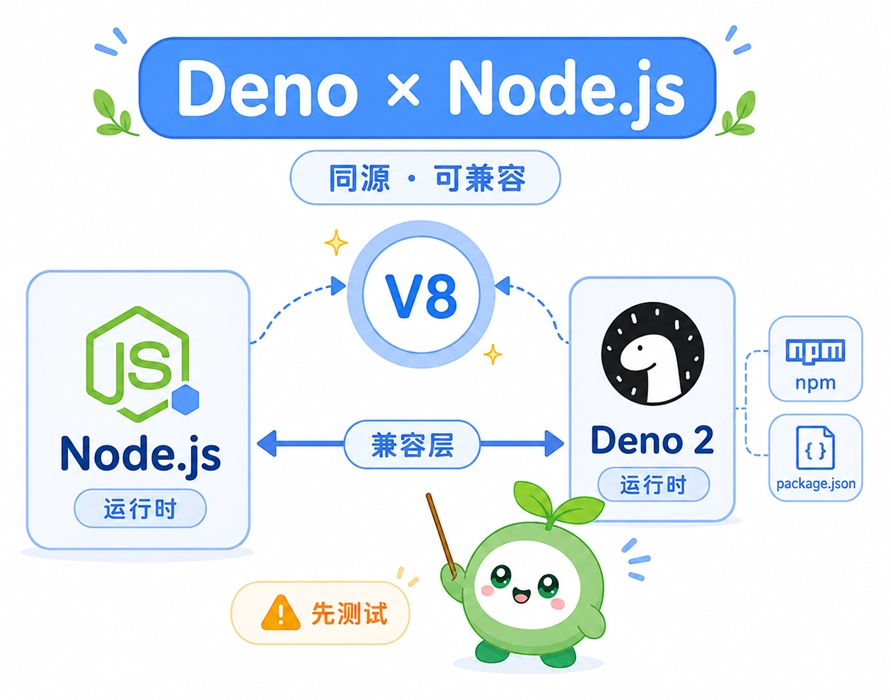 Deno与Node.js的关系解析:两者同基于V8引擎,且Deno 2提供了高度兼容的运行环境。