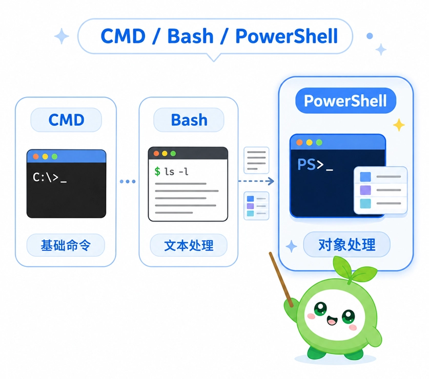 CMD、Bash 与 PowerShell 的区别对比图，直观说明了 CMD 偏向基础系统命令，Bash 强于纯文本处理，而 PowerShell 的核心特色在于处理对象数据。