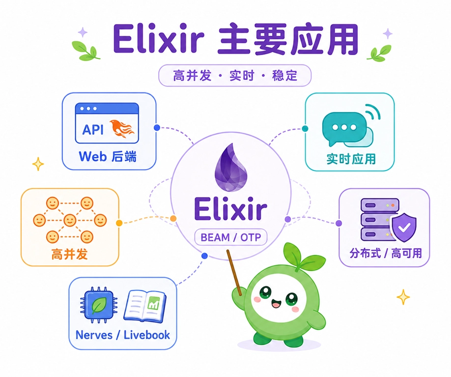 Elixir 的主要应用领域分布,包括 Web 后端开发、实时交互应用、高并发后台以及分布式高可用系统。