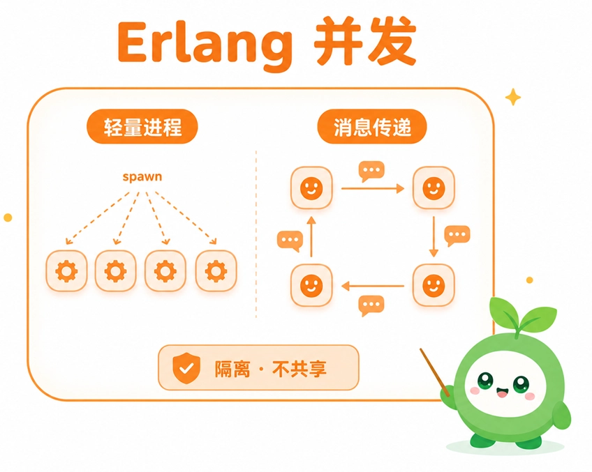 Erlang 独特的并发机制示意图，直观展示了超轻量级进程的创建机制以及互不共享内存的消息传递模式。