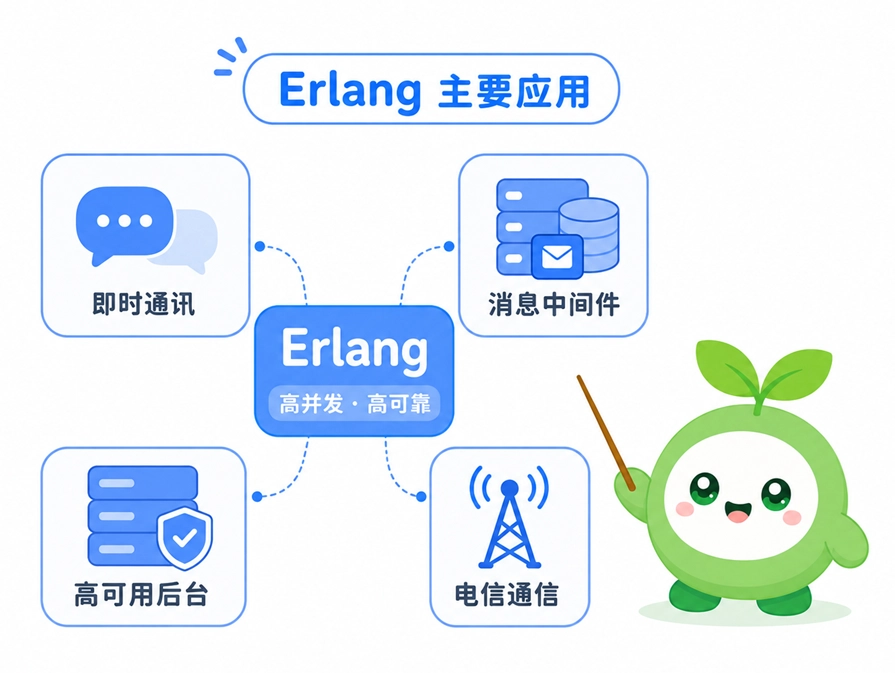 Erlang 的主要应用领域分布，包括即时通讯、消息中间件、高可用的分布式后台以及电信通信网络。