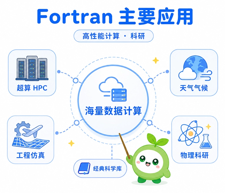 Fortran 的主要应用领域分布,涵盖超级计算、天气预报、工程仿真和物理科研等海量数据计算场景。