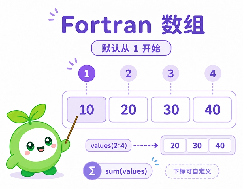 Fortran 数组特性示意图,直观解释了其数组下标默认从 1 开始以及支持灵活切片的特点。