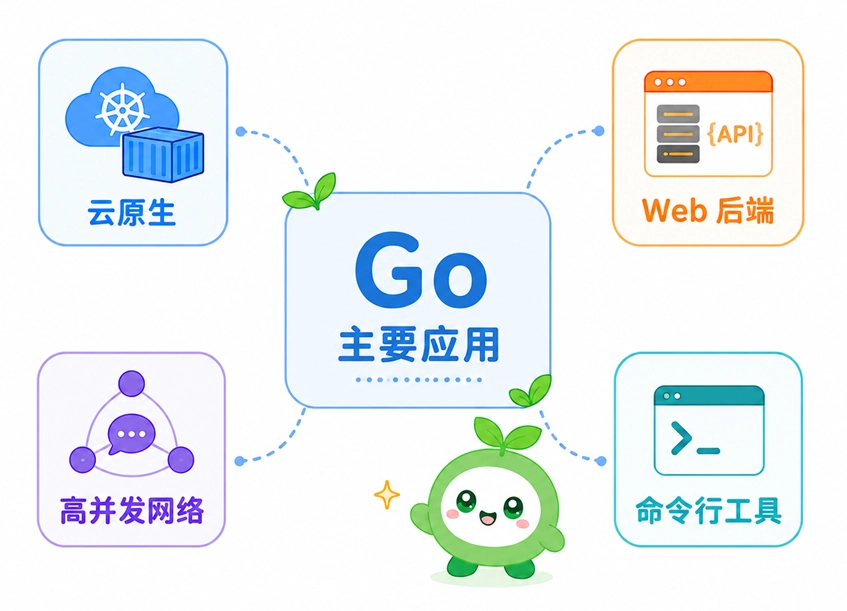 Go语言的主要应用领域，涵盖云原生与容器技术、Web后端、高并发网络程序以及命令行运维工具。