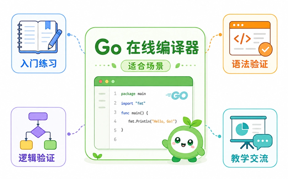 Go在线编译器的常见适用场景，包括新手入门练习、语法与逻辑验证以及教学代码交流。