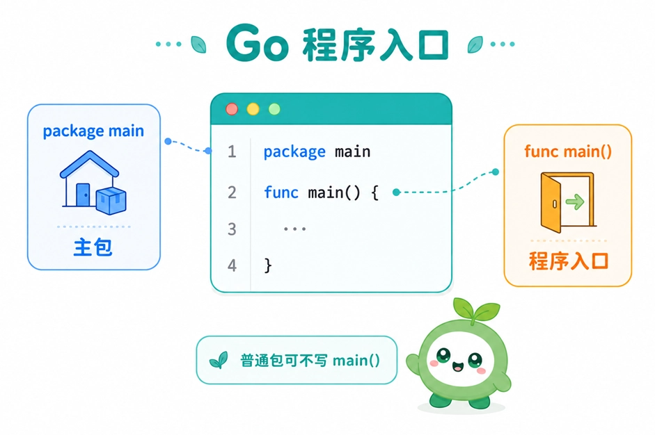 Go程序的基础运行入口说明，包含标识独立运行程序的package main主包，以及作为执行起点的func main主函数。