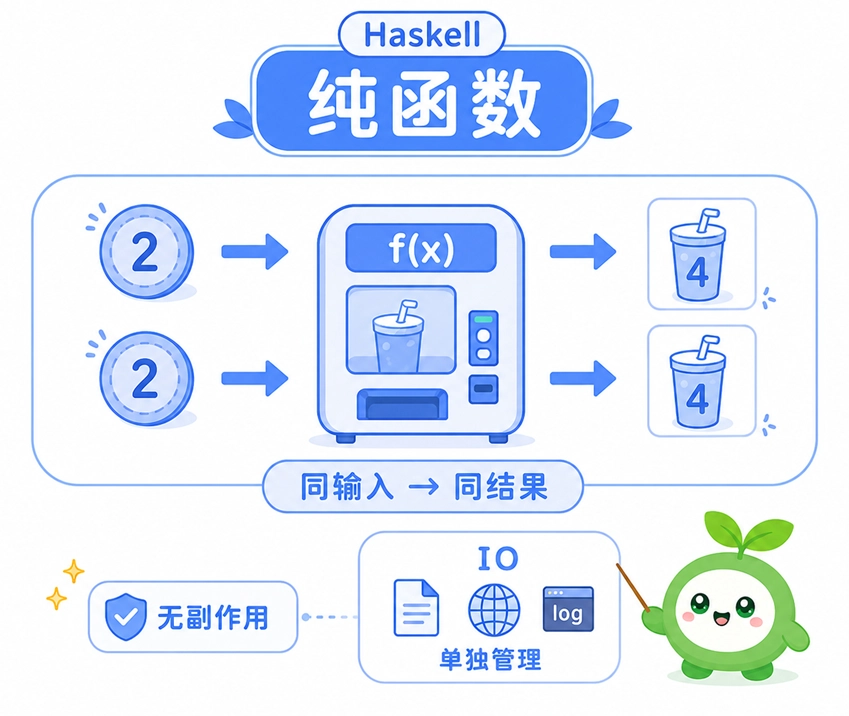 Haskell纯函数无副作用特性及IO操作单独隔离机制的原理演示