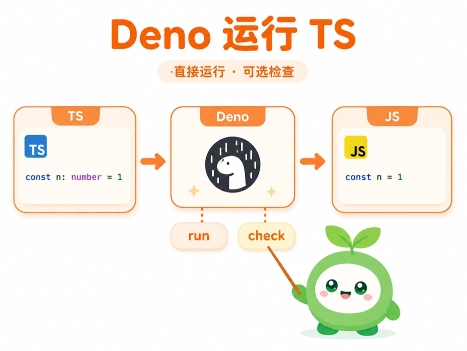 Deno直接运行TypeScript的原理图解:默认抹除类型直接执行,并支持分离的严格类型检查。