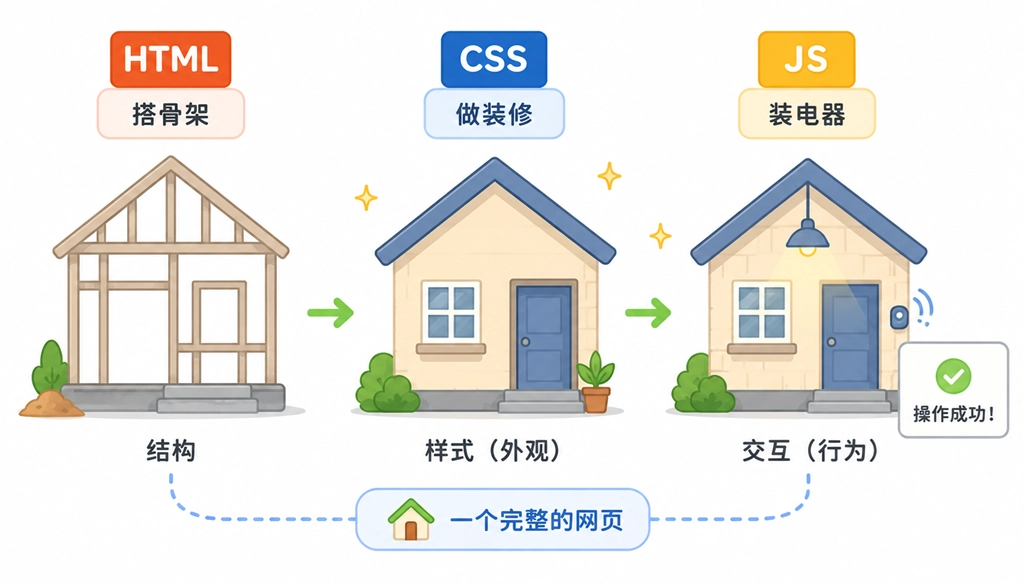 将建房子过程作为比喻，生动解释HTML搭骨架、CSS做装修与JS装电器之间的关系