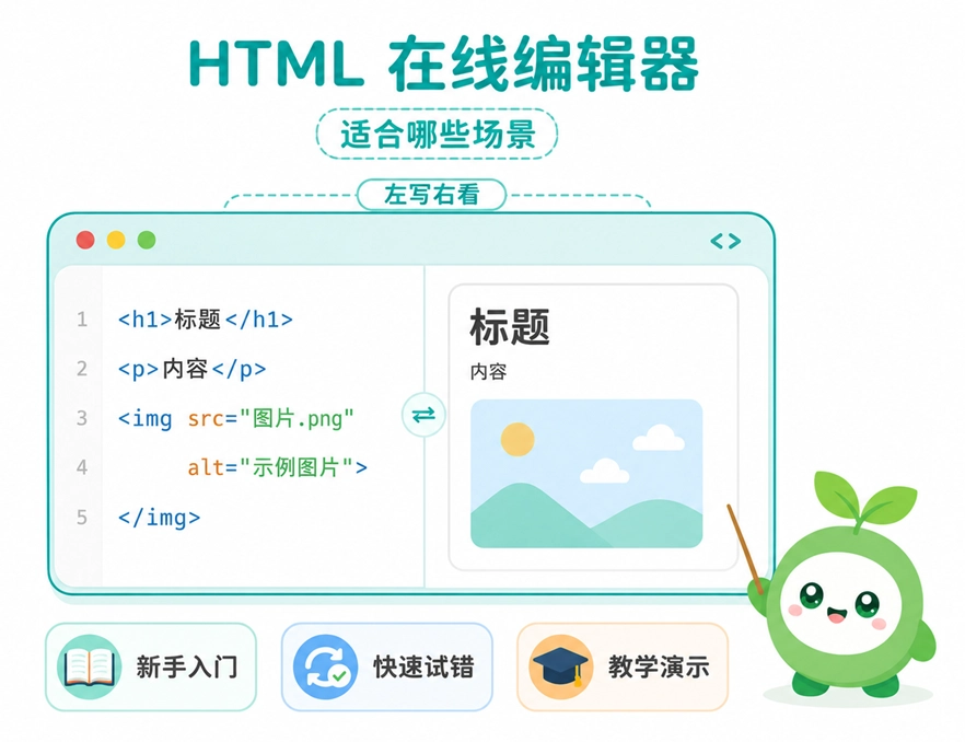 HTML在线编辑器适合的三个主要场景：新手入门、快速试错与教学演示
