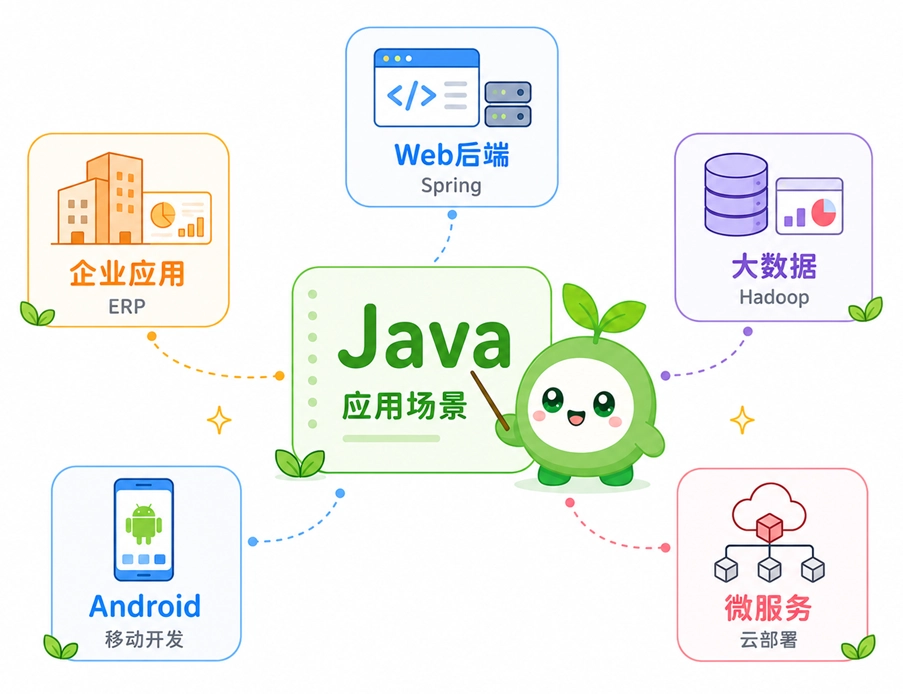 Java的主要应用场景,涵盖Web后端、企业级应用、大数据处理、Android移动端开发以及微服务。