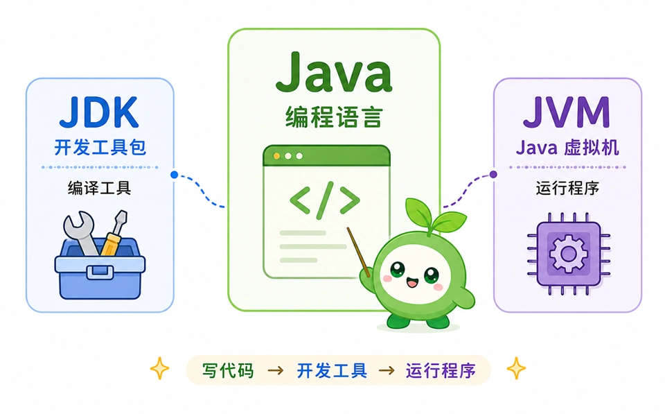 Java、JDK与JVM三者之间的协同关系,它们分别对应编程语言、开发工具包和运行程序的虚拟机。