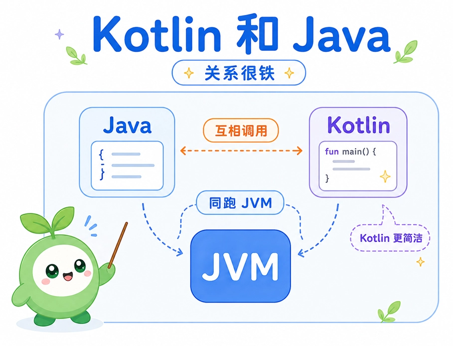 图解Kotlin与Java极其密切的关系,展示两者同跑在JVM之上并且可以互相调用的特点