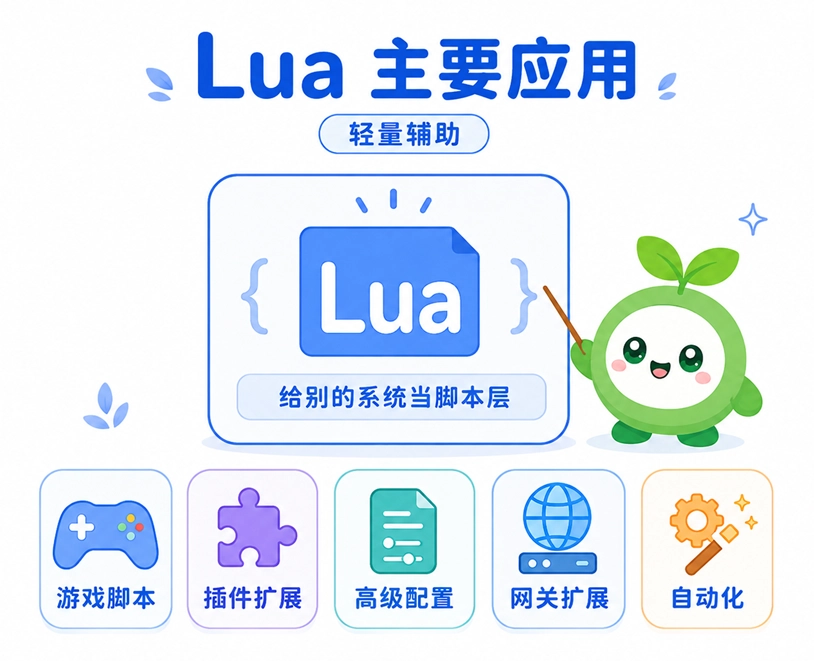 Lua 常见应用领域总结，包含游戏脚本、插件扩展、高级配置、网关扩展和轻量自动化任务等作为脚本层的典型场景。