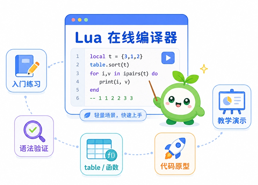 绿叶网 Lua 在线编译器适用场景图解，展示了其在入门练习、语法验证、table 测试、代码原型和教学演示等轻量级场景下的便捷性。
