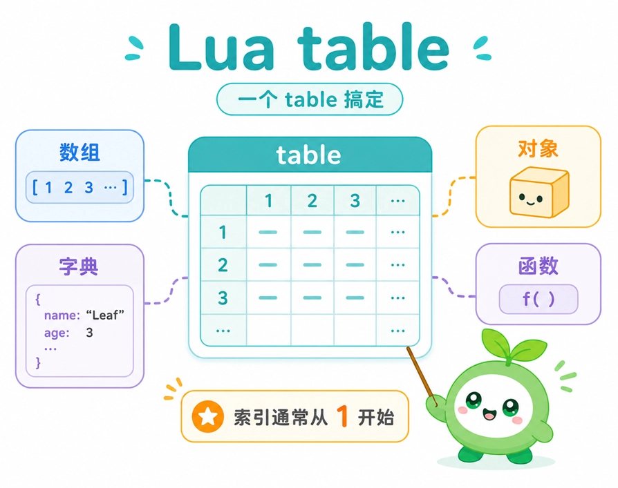 Lua 核心数据结构 table 解析，直观展示了如何使用单个 table 替代数组、字典、对象和函数，并提醒新手其索引通常从 1 开始。