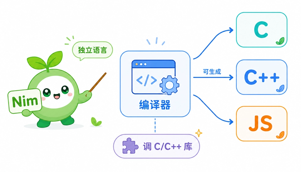 Nim编译器的代码转换原理:可将代码转译为C、C++或JavaScript代码。