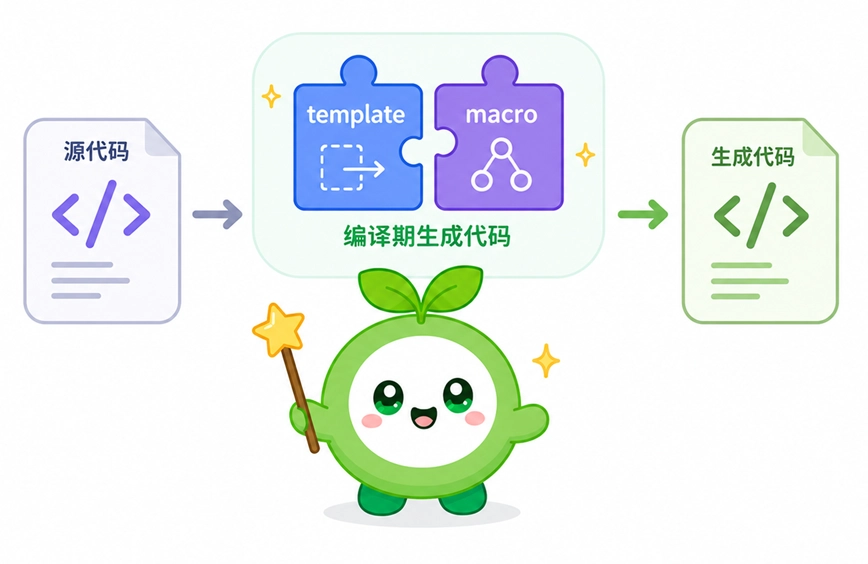 Nim语言的模板与宏特性图解,展示了在编译期利用元编程自动生成代码的过程。