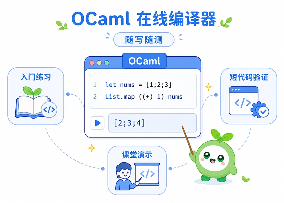 OCaml 在线编译器非常适合入门练习、短代码快速验证以及课堂教学演示等场景。