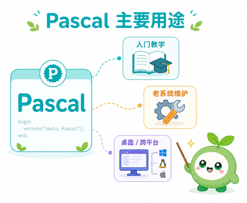 Pascal 的主要用途包括编程入门教学、老系统维护以及桌面与跨平台开发。