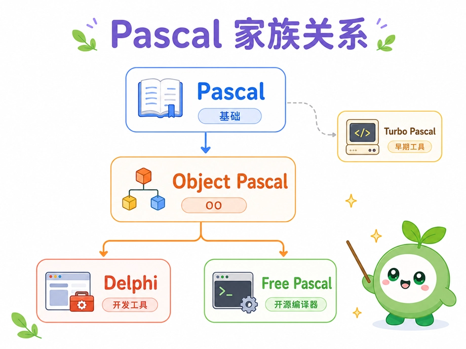 直观展示 Pascal、Object Pascal、Delphi、Free Pascal 以及 Turbo Pascal 之间的家族关系。