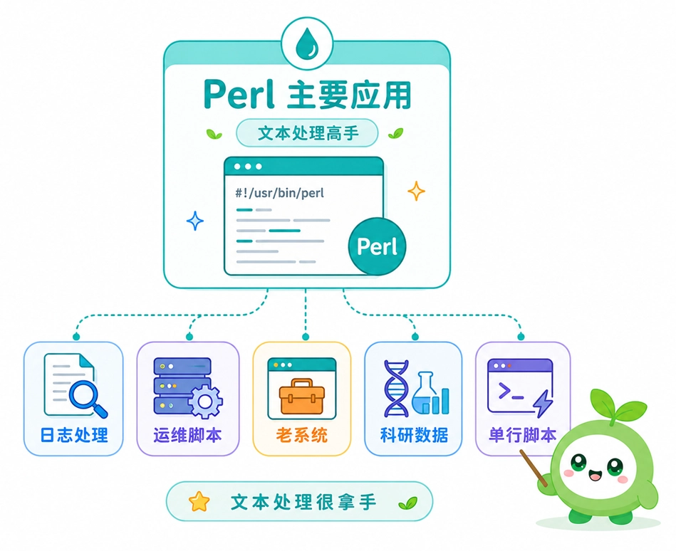 Perl 的常见应用领域归纳,涵盖日志处理、运维脚本、老系统维护、科研数据解析以及便捷的单行脚本操作。