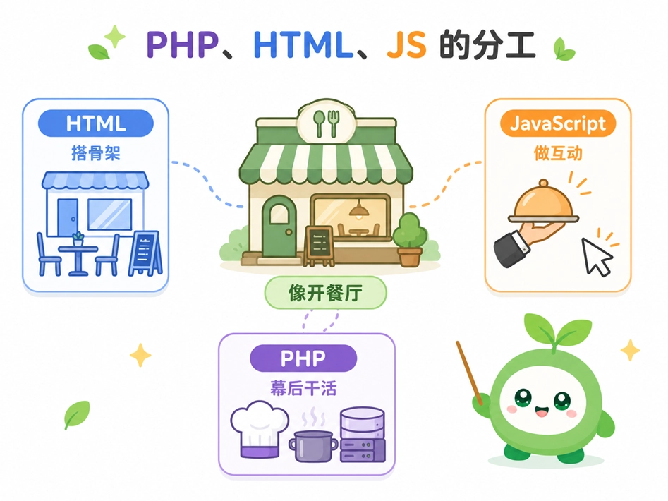 使用开餐厅的比喻,生动讲解HTML搭骨架、JavaScript做互动与PHP幕后干活的分工关系