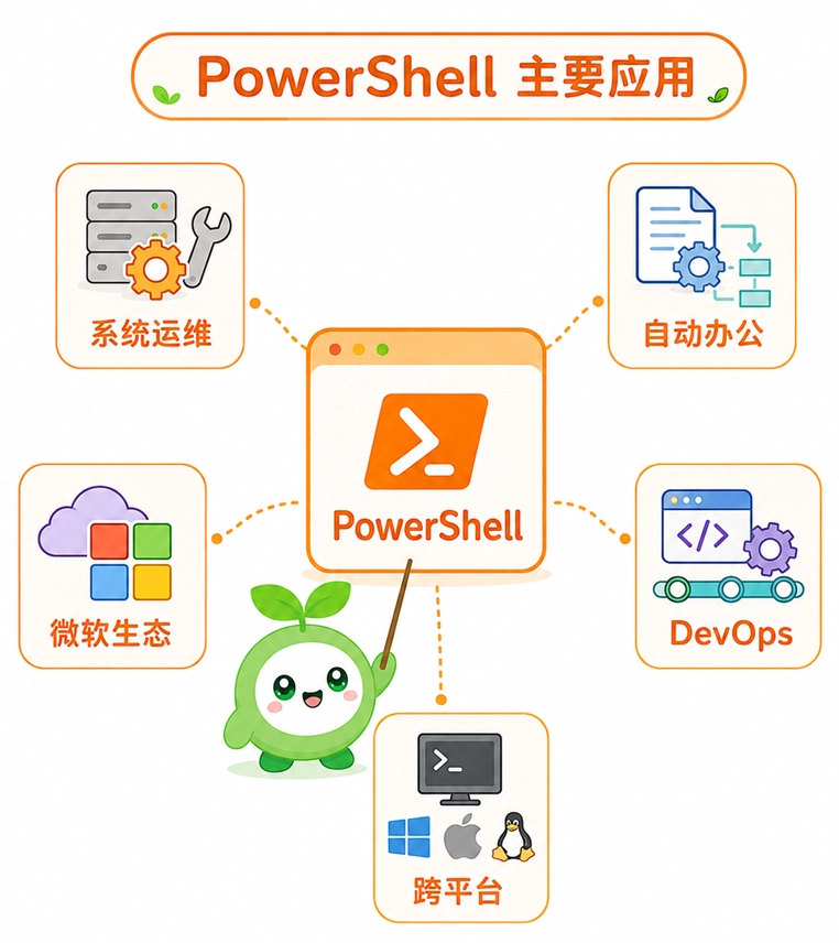 PowerShell 的主要应用领域总结，涵盖了日常系统运维、自动化办公、管理微软生态、DevOps 自动化流水线以及跨平台运维。
