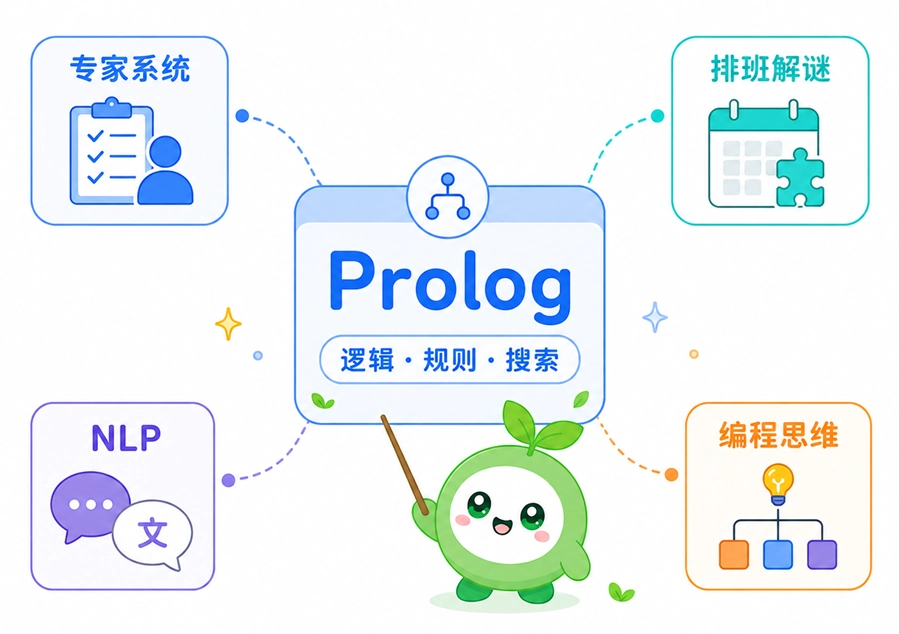 Prolog 语言的应用领域,展示其在专家系统、排班解谜、自然语言处理等逻辑规则搜寻方面的优势。