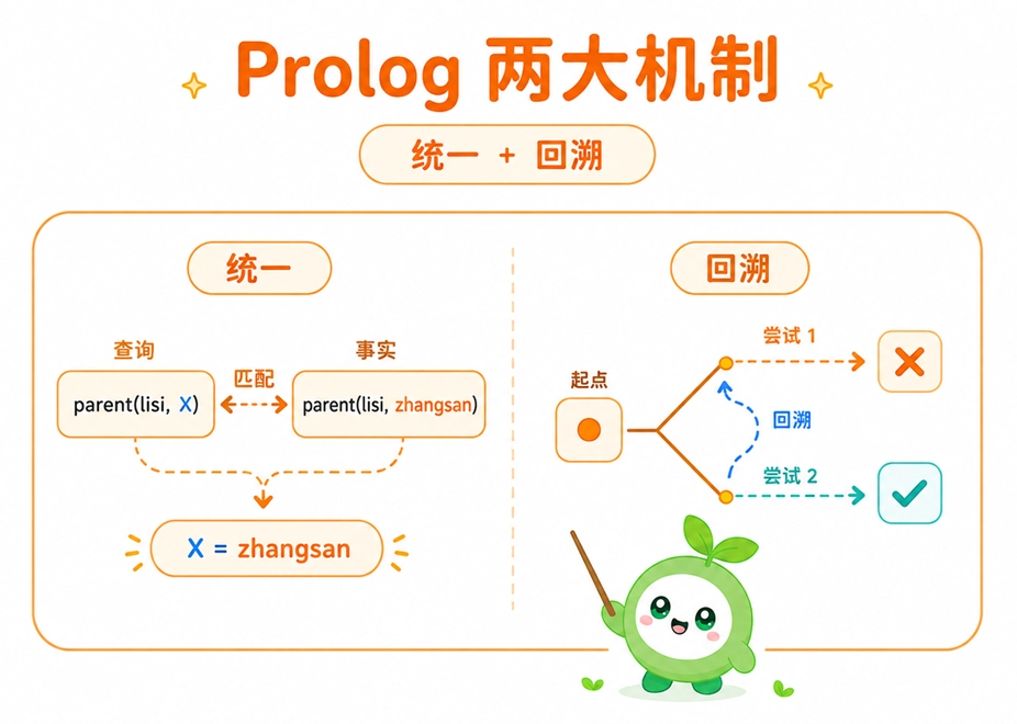 Prolog 的自动推理机制示意图，直观展示了“统一”过程中的变量匹配和“回溯”过程中的分支尝试。