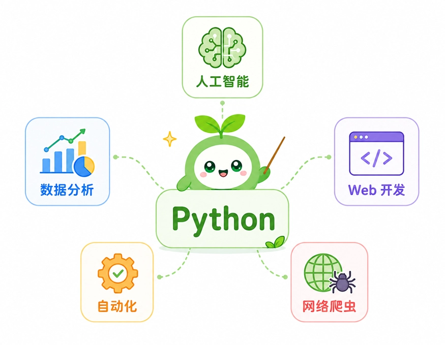 Python的常见应用方向,包括人工智能、数据分析、Web开发、自动化和网络爬虫。