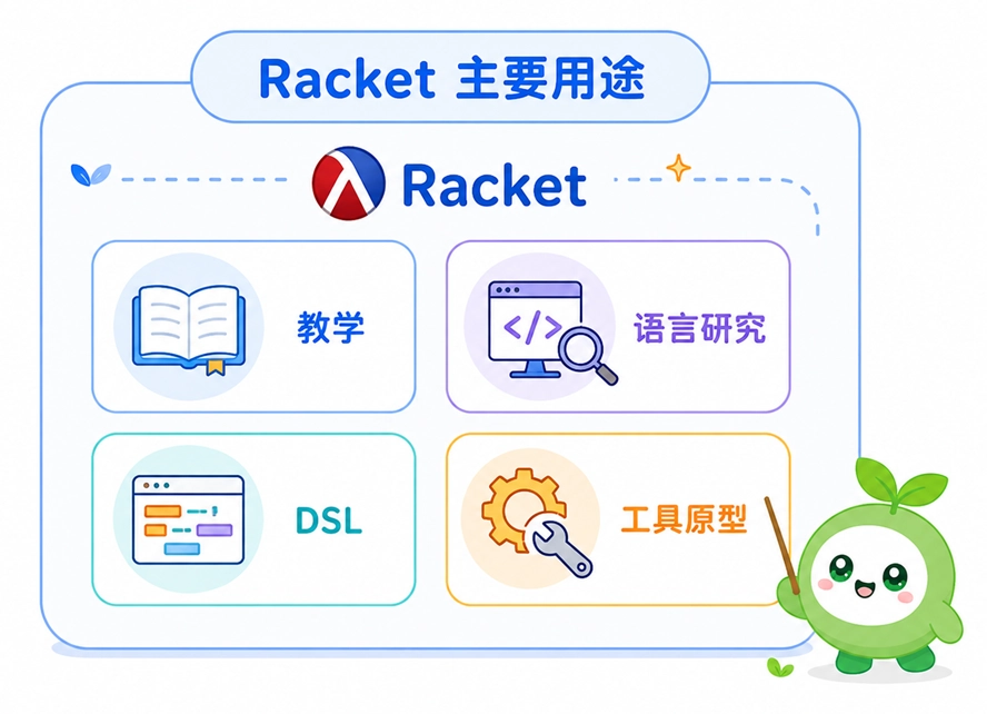 Racket语言的主要用途,涵盖计算机教学、语言研究、定制专属语言(DSL)和快速开发工具原型。