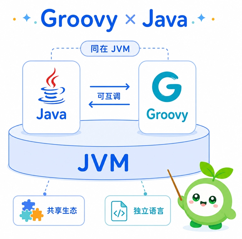 Groovy 与 Java 关系解析图,说明两者同在 JVM 运行且能够无缝互调,强调 Groovy 既共享 Java 生态又是一门具备独立灵活机制的语言。