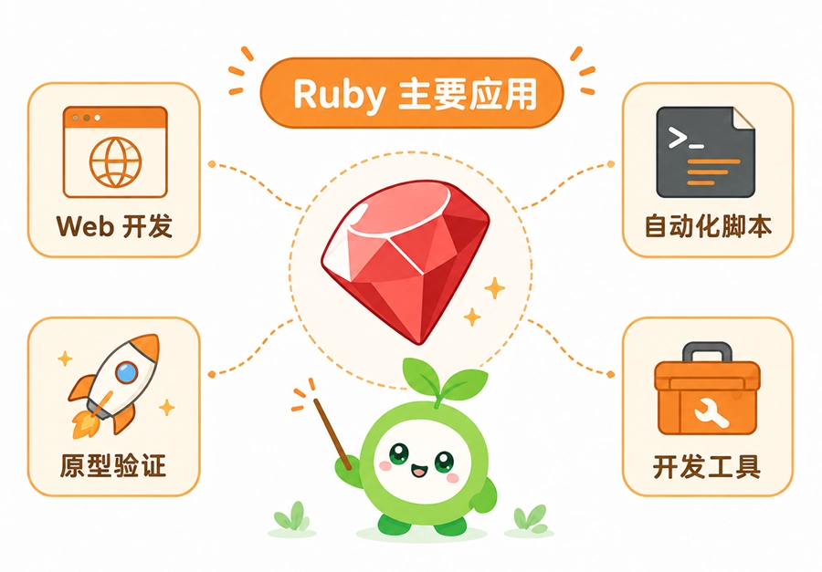 Ruby的主要应用领域：Web开发、自动化脚本、快速原型验证以及开发工具
